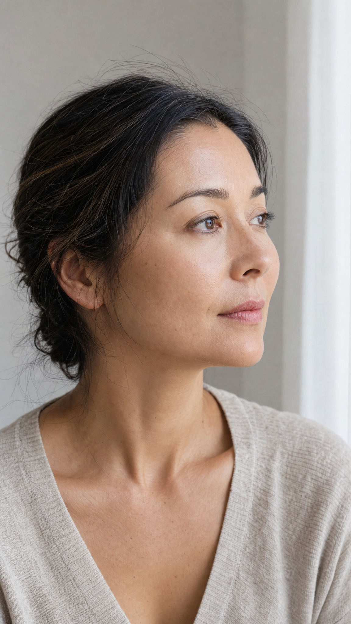 A calm editorial portrait of a person shown in natural light, with attention drawn to overall facial contour rather than any single feature.