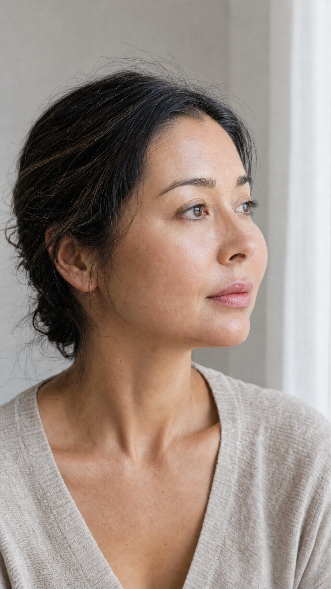 A restrained editorial composition showing a facial silhouette beside an assessment framework, separated by generous space.