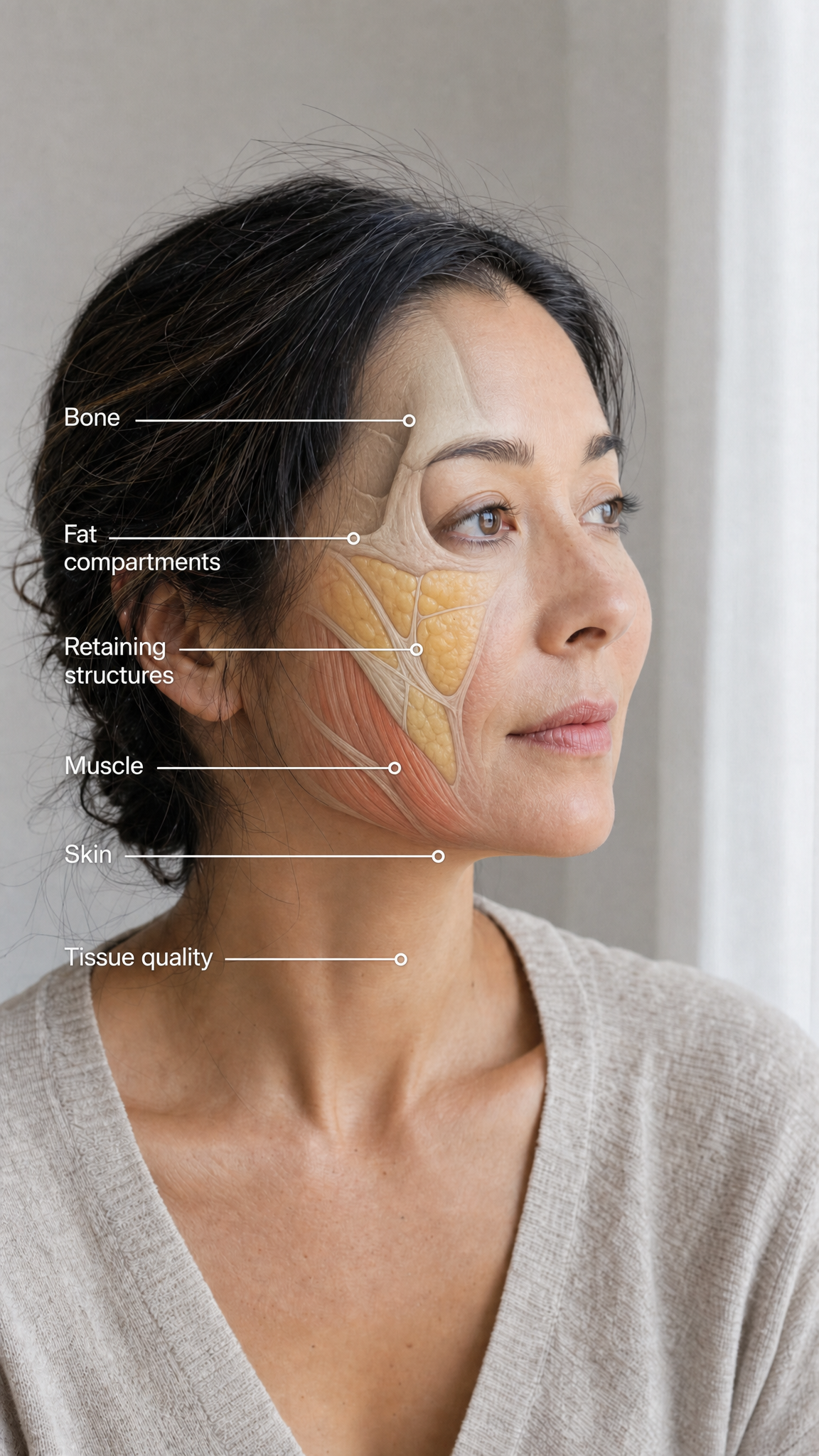 A simplified facial profile diagram with sparse labels for bone, fat compartments, retaining structures, muscle, skin and tissue quality.