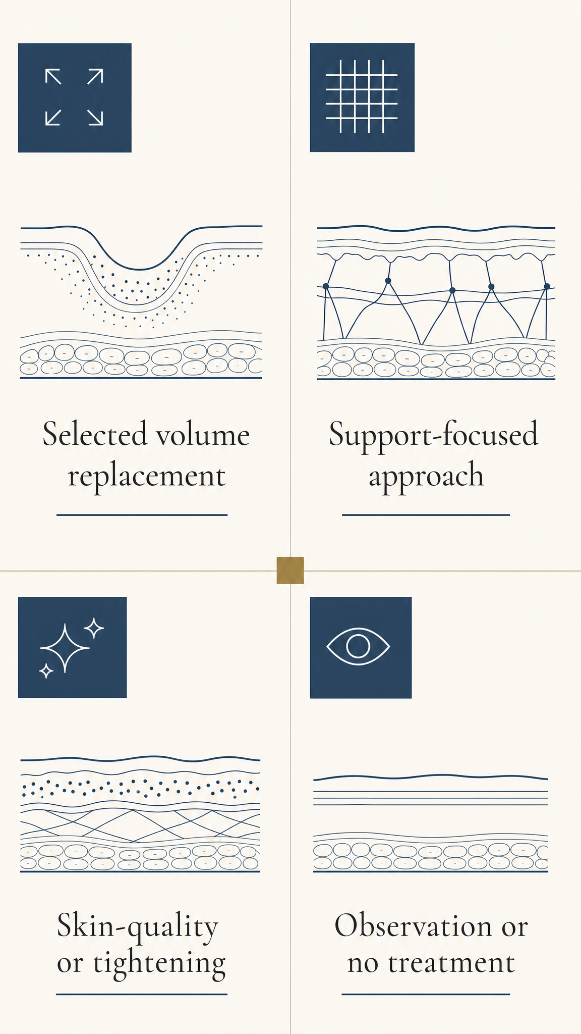 A patient-free conceptual diagram with four evenly weighted categories: selected volume replacement, support-focused approach, skin-quality or tightening, and observation or no treatment.