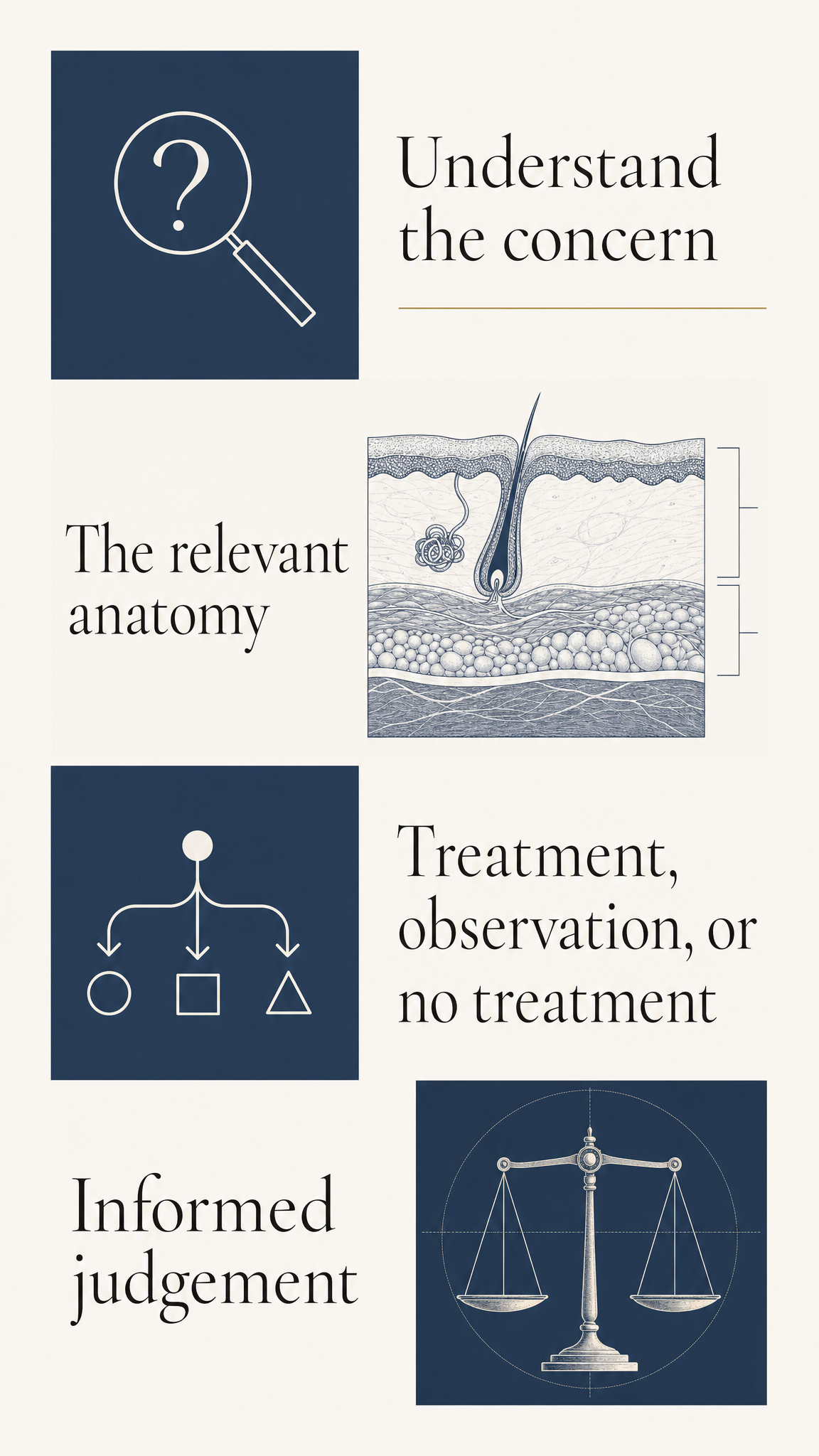A patient-free recap infographic showing understanding the concern, considering relevant anatomy, then considering treatment, observation, skincare or no treatment.