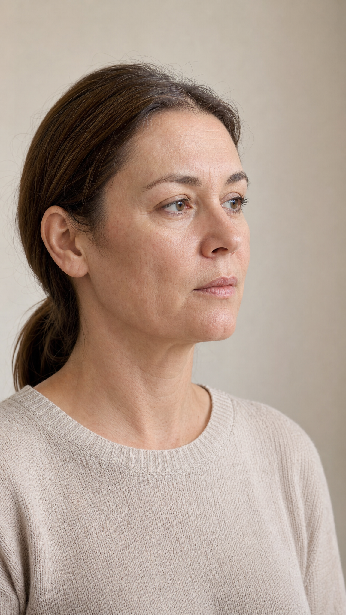 Editorial clinical portrait of an adult patient in a calm consultation setting, with natural lower-face skin texture, soft lighting and an uncluttered background.