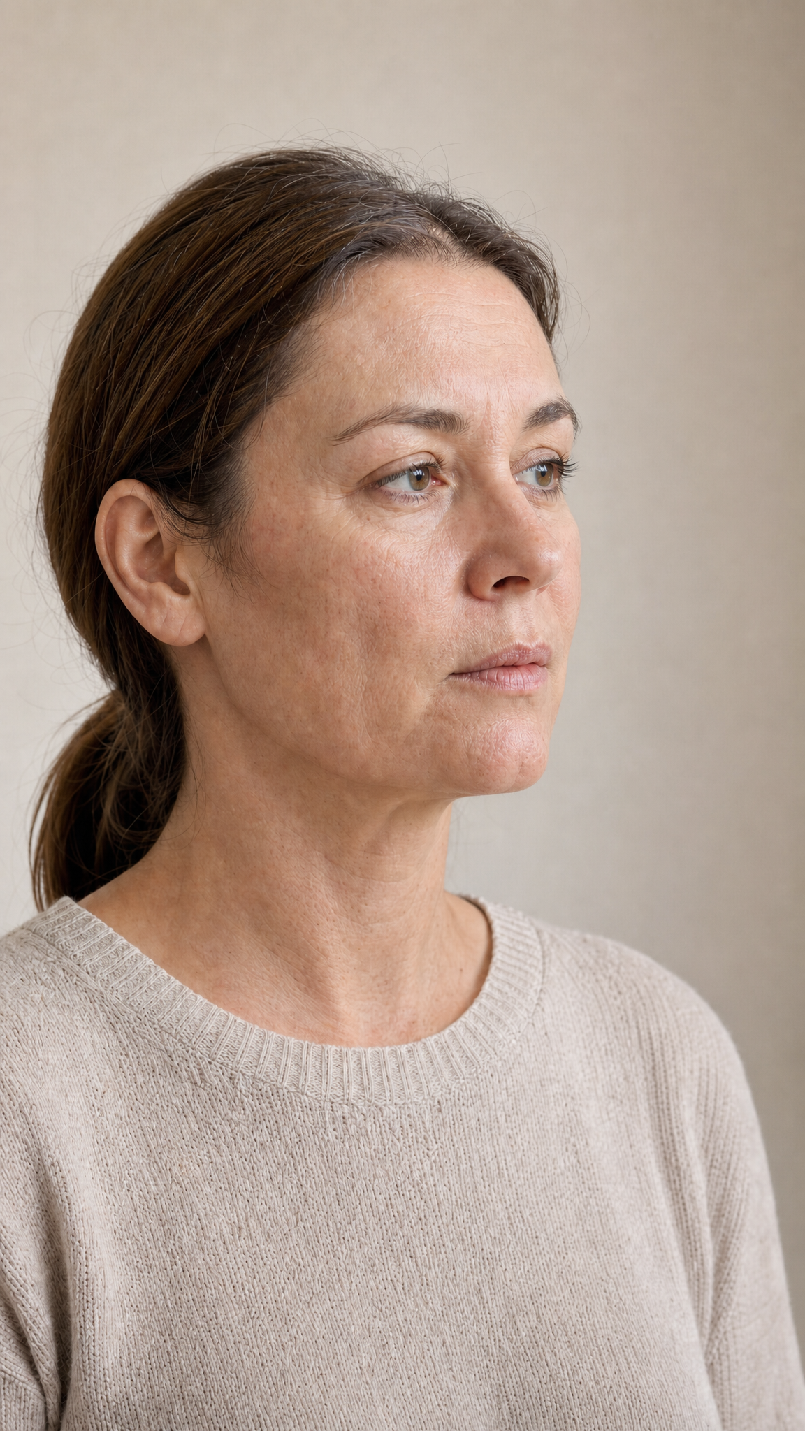 Editorial clinical portrait of an adult patient with subtle deep-slate assessment marks near the lower face, presented without diagnosis or treatment outcome.