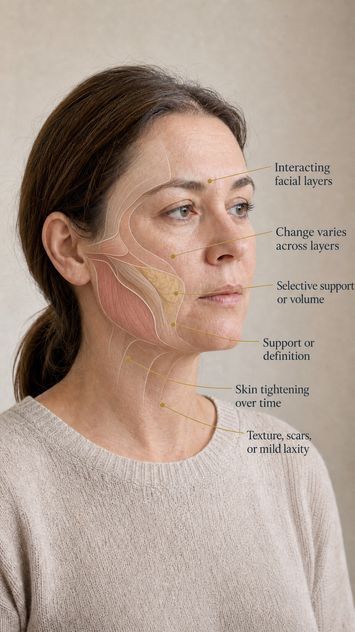 An editorial lower-face consultation portrait with restrained labels identifying interacting facial layers, selective support or volume, support or definition, skin tightening over time, and texture, scars or mild laxity.