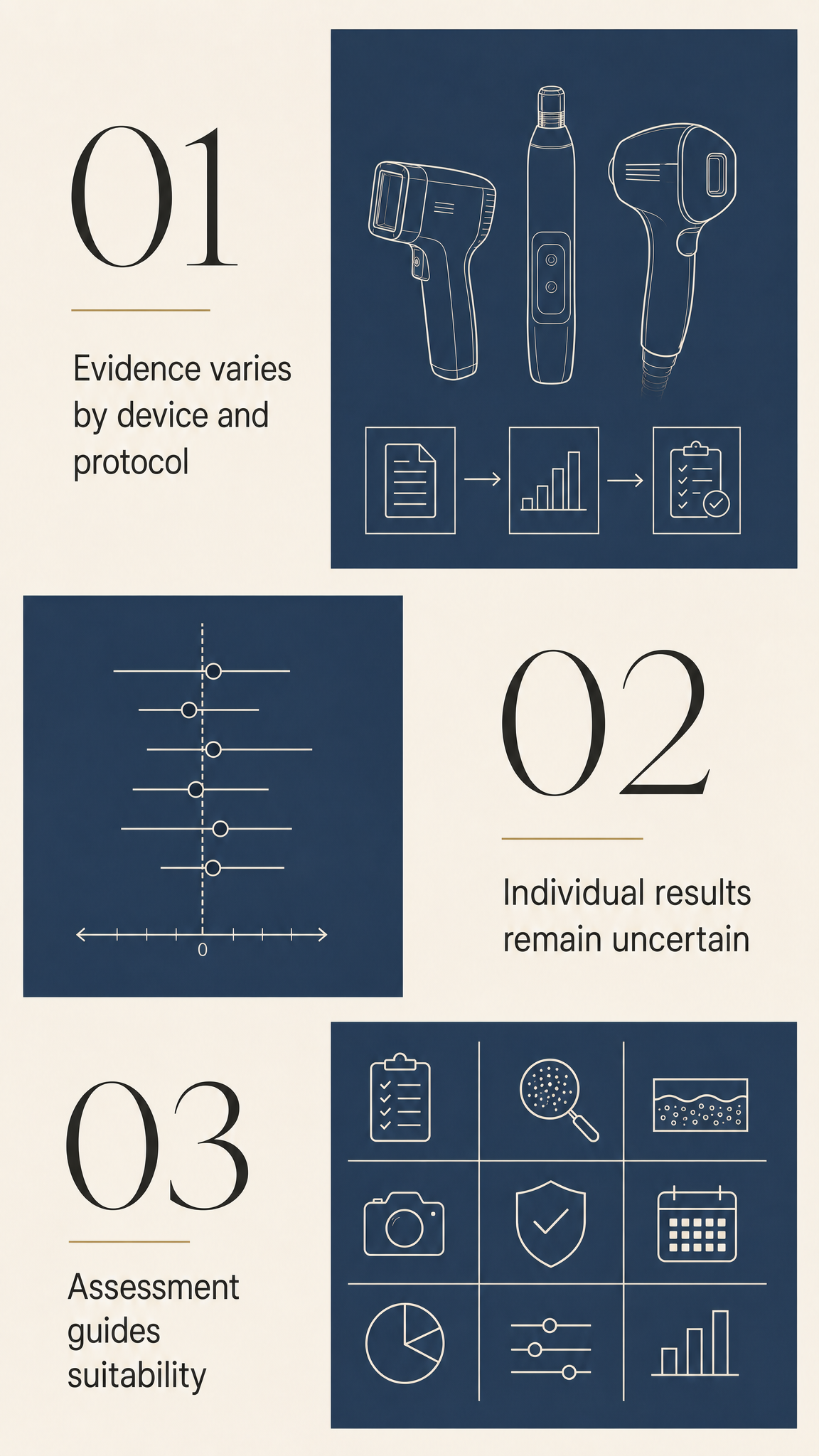 A patient-free conceptual assessment graphic on a warm ivory background, using balanced planes and sparse labels for suitability, evidence variability and individual uncertainty.