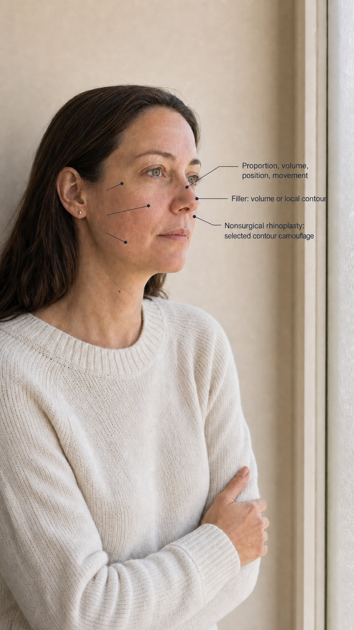 Editorial portrait with clinically legible labels for proportion, local volume, tissue position and movement, plus bounded notes describing filler, threads and non-surgical rhinoplasty.
