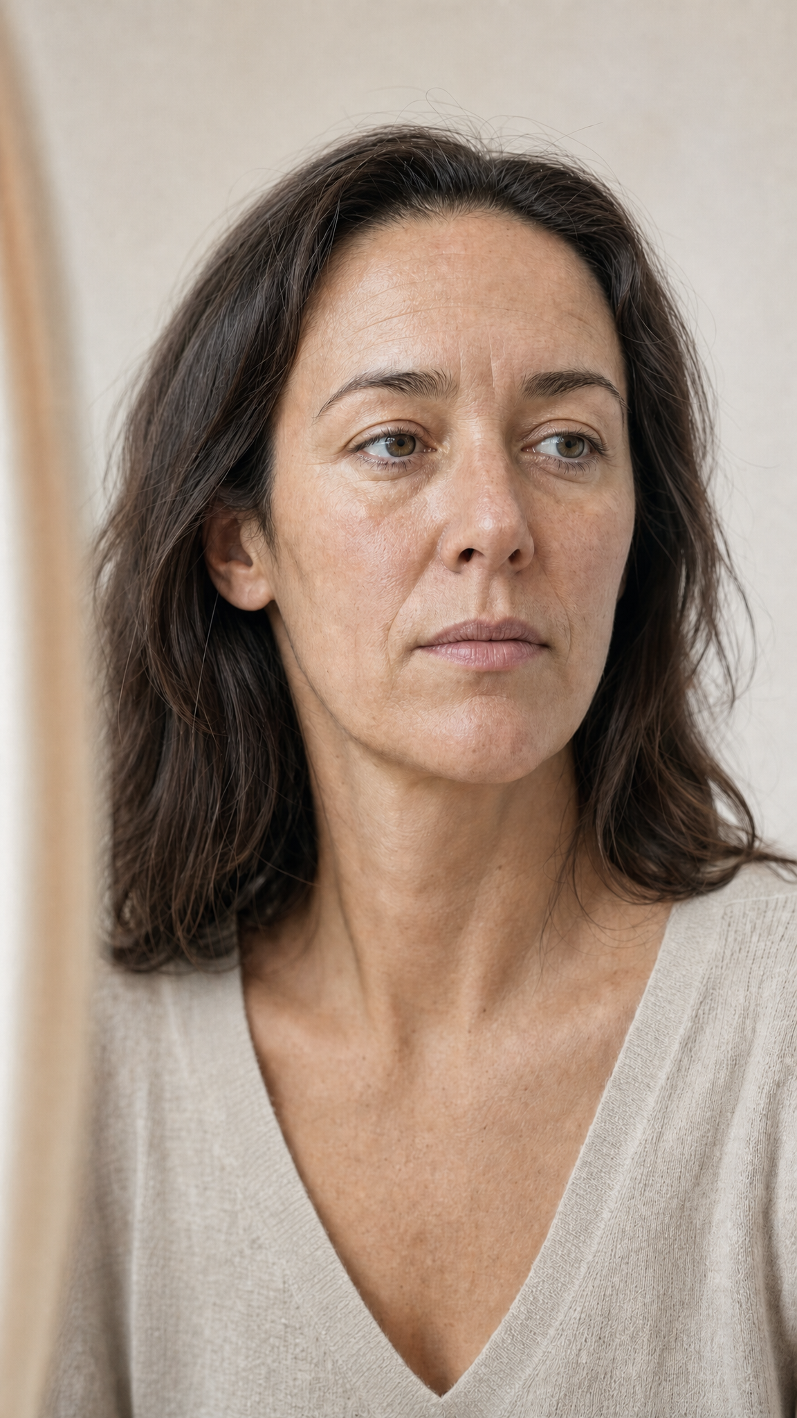 A calm editorial clinical scene with an adult person seated in a warm ivory setting, accompanied by sparse visual markers for reflection, information and waiting.