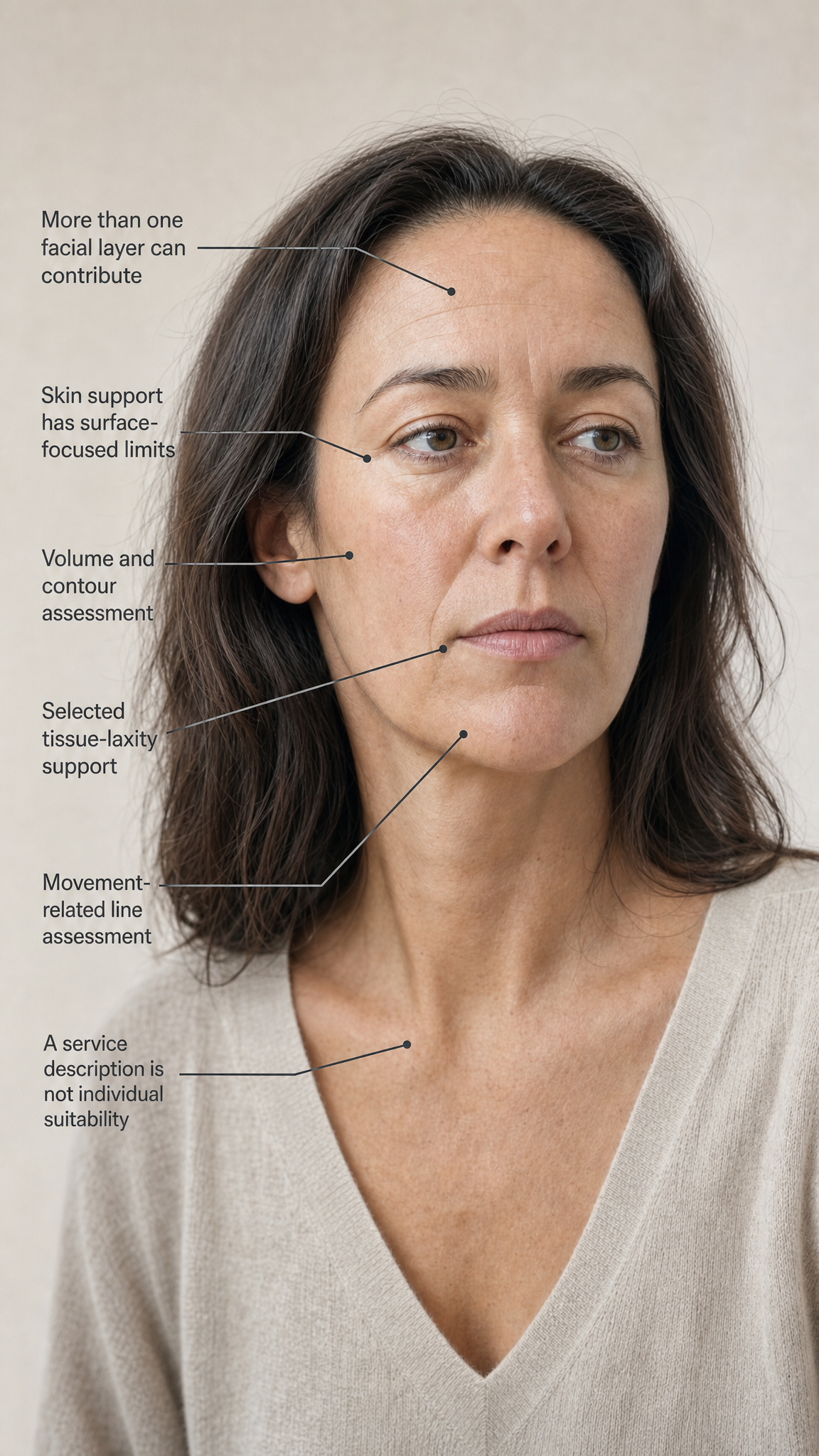 Editorial anatomy aid on a warm ivory background using subtle leader lines to distinguish skin surface, volume, supporting tissues and bone on an adult face.