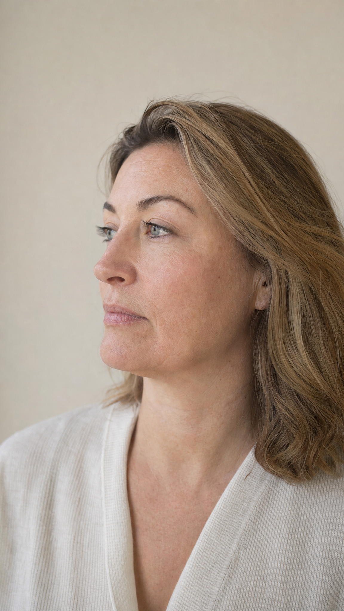 Calm editorial portrait showing an adult’s lower-face profile and jawline in soft, even light.