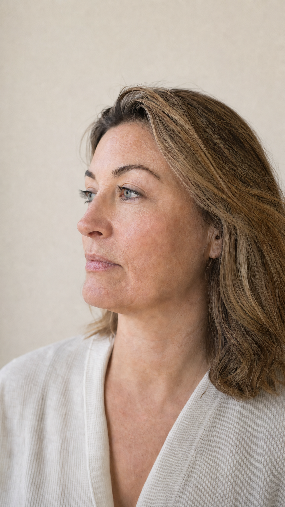 Editorial portrait with restrained annotations for proportion, movement, skin quality, soft tissue, jaw and chin structure, and treatment history.