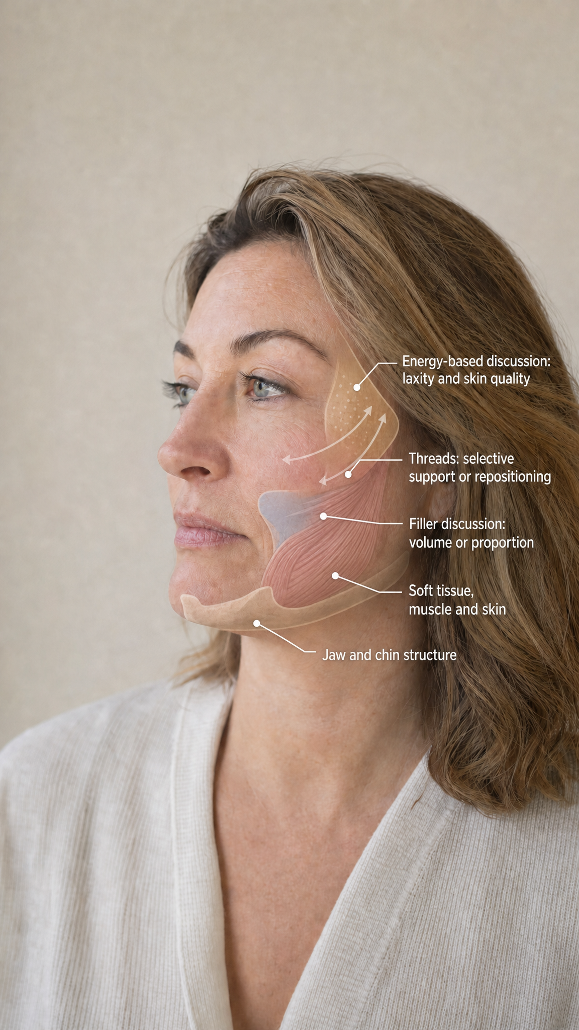 Patient-free conceptual diagram separating volume or proportion support, selective thread support or repositioning, and energy-based discussion of laxity and skin quality.