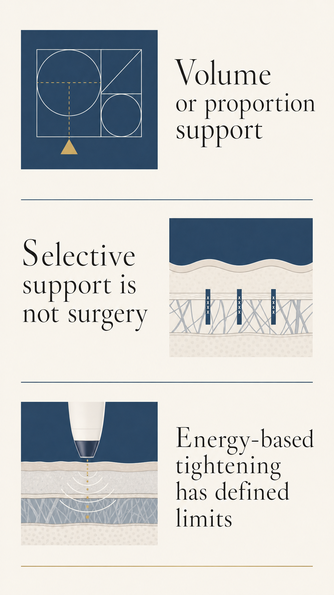 Patient-free conceptual aid showing separate boundaries for volume or proportion support, selective thread discussion and energy-based tightening.
