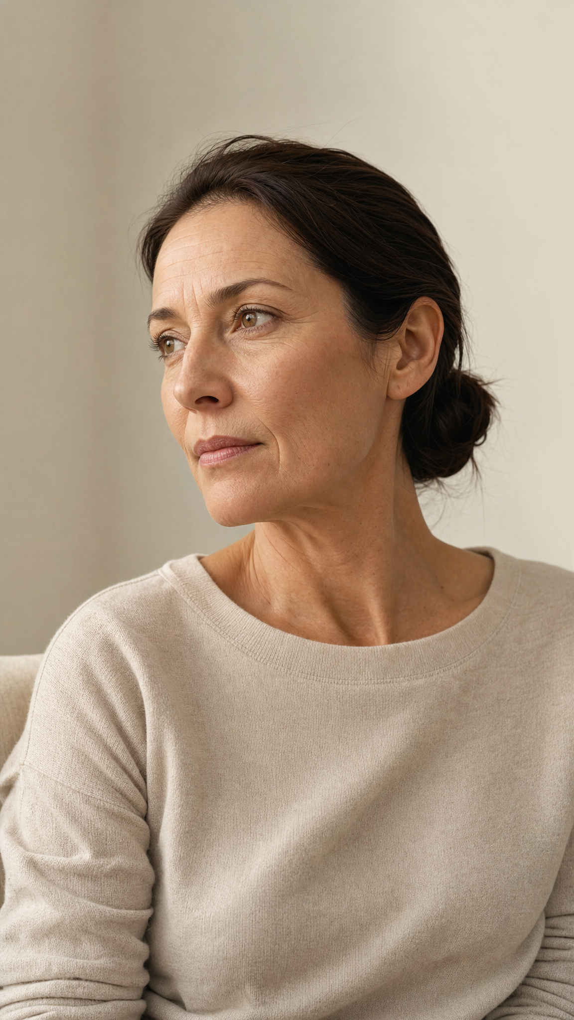 Editorial portrait of an adult with natural facial expression and visible facial lines, presented in a calm clinical setting.