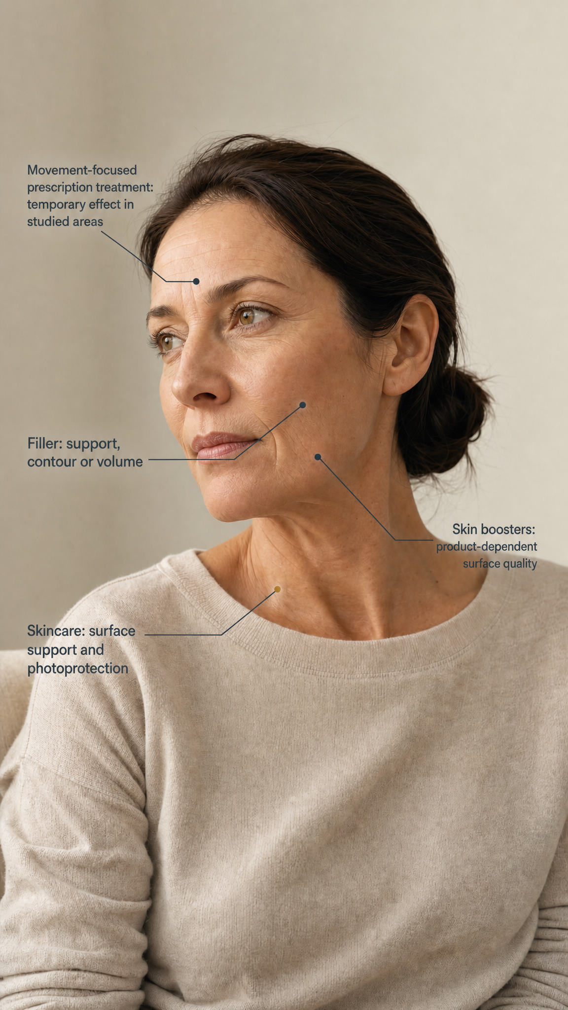 Editorial anatomy illustration of a face with restrained labels for movement, surface quality, support or volume, and skincare support.